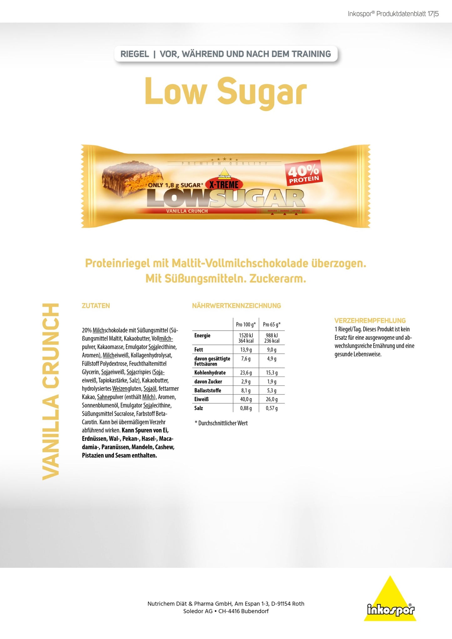 Produktbild INKOSPOR Low Sugar-Riegel Vanilla-Crunch, 24 x 65 g