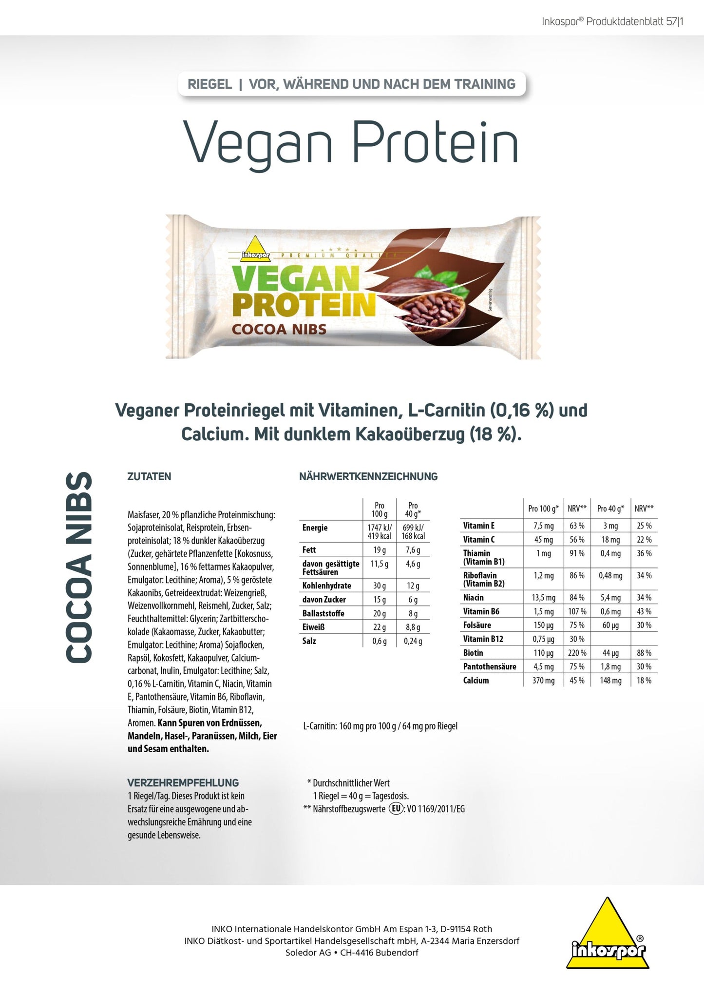 Produktbild INKOSPOR Vegan Protein Riegel Cocoa-Nibs, 28 x 40 g