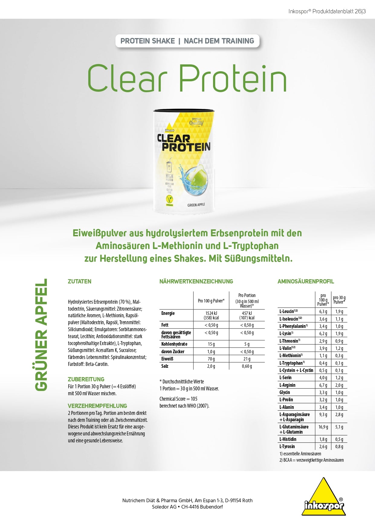 Produktbild INKOSPOR Clear Protein VEGAN Green Apple, 300 g