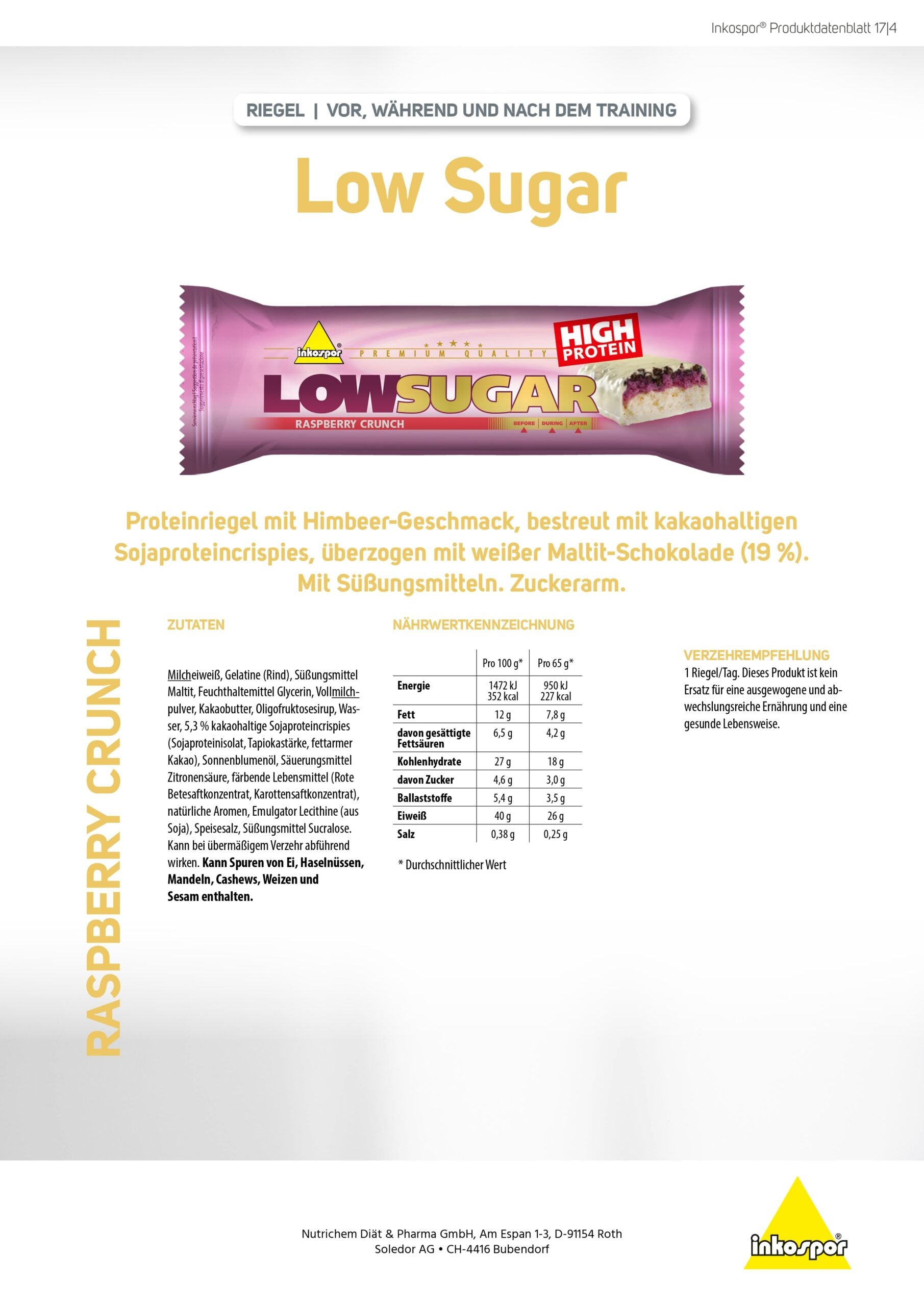 Produktbild INKOSPOR Low Sugar-Riegel Himbeer-Crunch, 24 x 65 g