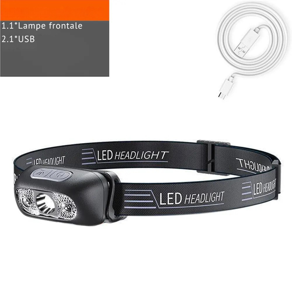 Lampe Frontale à Induction Rechargeable USB – LED Puissante pour Randonnée, Camping et Pêche